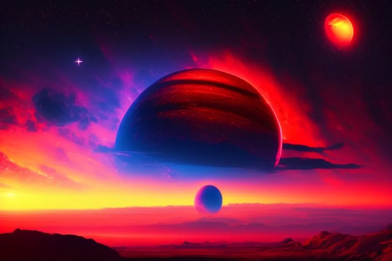 red exoplanet in the horizon, stars, stream, clouds, fantasy, sci-fi, hd