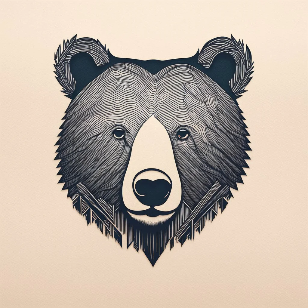 M shaped bear head combined with woods silhouette in background, letterpress style, minimalistic pencil art