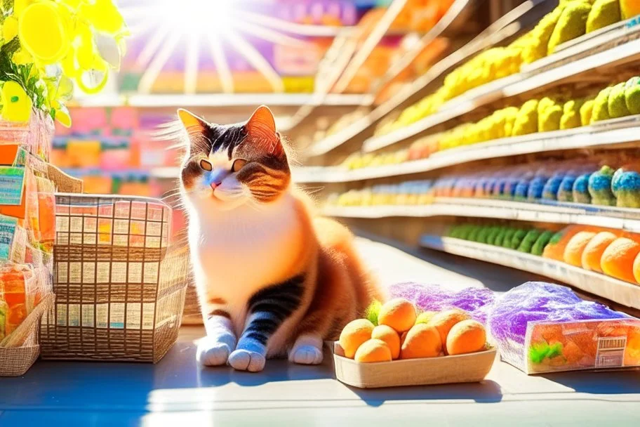 cute contented cat is shopping in a foodstore in sunshine. Food, fruits