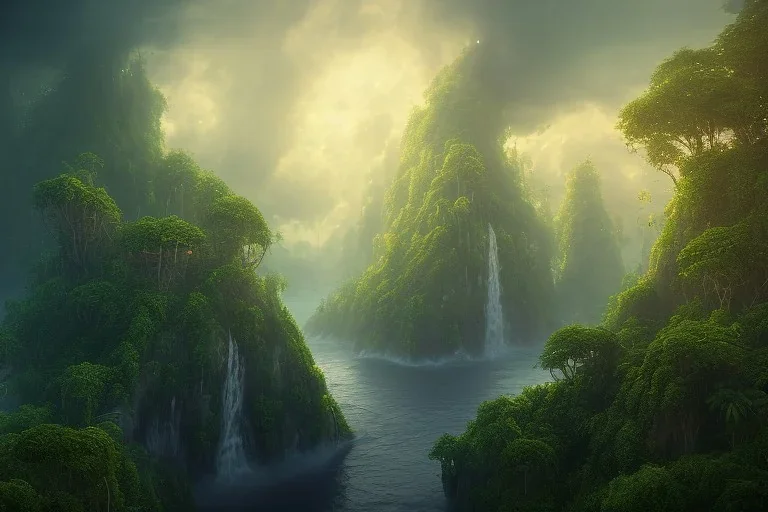 epic matte painting of misty tropical jungle island on stormy ocean, very lush, organic, vines, realistic shaded volumetric lighting, volumetric clouds, ecosystem, ancient, reflective water, intricate, fires, volumetric waves & smoke, randomly placed ground fog, spume, small minutiae, detailed roots, spindrift, tiny features, flowers, ripples, particulars, sharp lines, digital art, 8k, uhd, perspective ground level camera view, ambient occlusion, sunlight caustics, colorful, design by sam curry