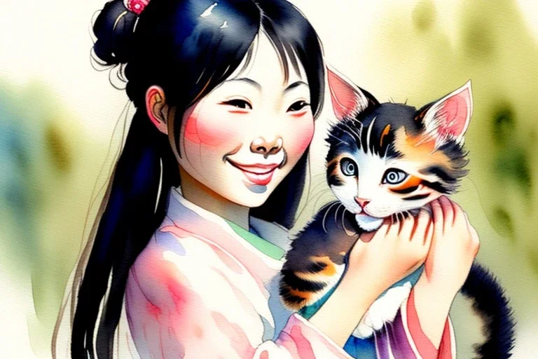 A cute smiling asian girl is holding a kitten. Watercolour