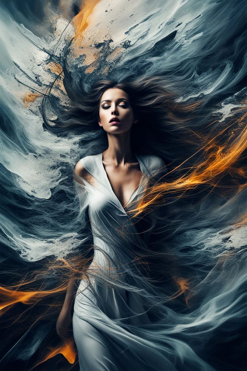 A woman, abstract image showing her chaotic life, chaos, stormy, 8k, exceptional beauty, mysterious, abstract conceptional art