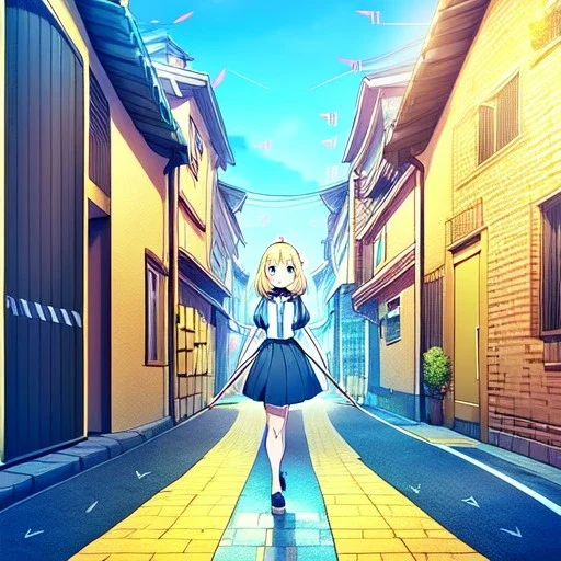 anime girl walking down a yellow brick road, road signs, arrows, direction, anime girl walking, arrows poitning