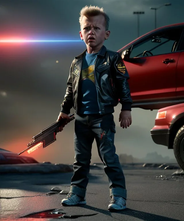 The Terminator toddler, shotgun, full body, dramatic lighting, angry, hyper realistic