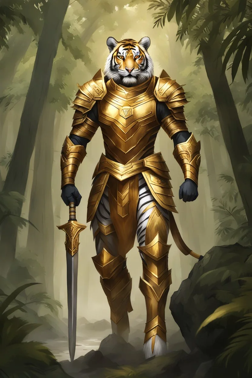 Full body excellent realistic portrait humanoid of tiger with golden armor,walking at jungle