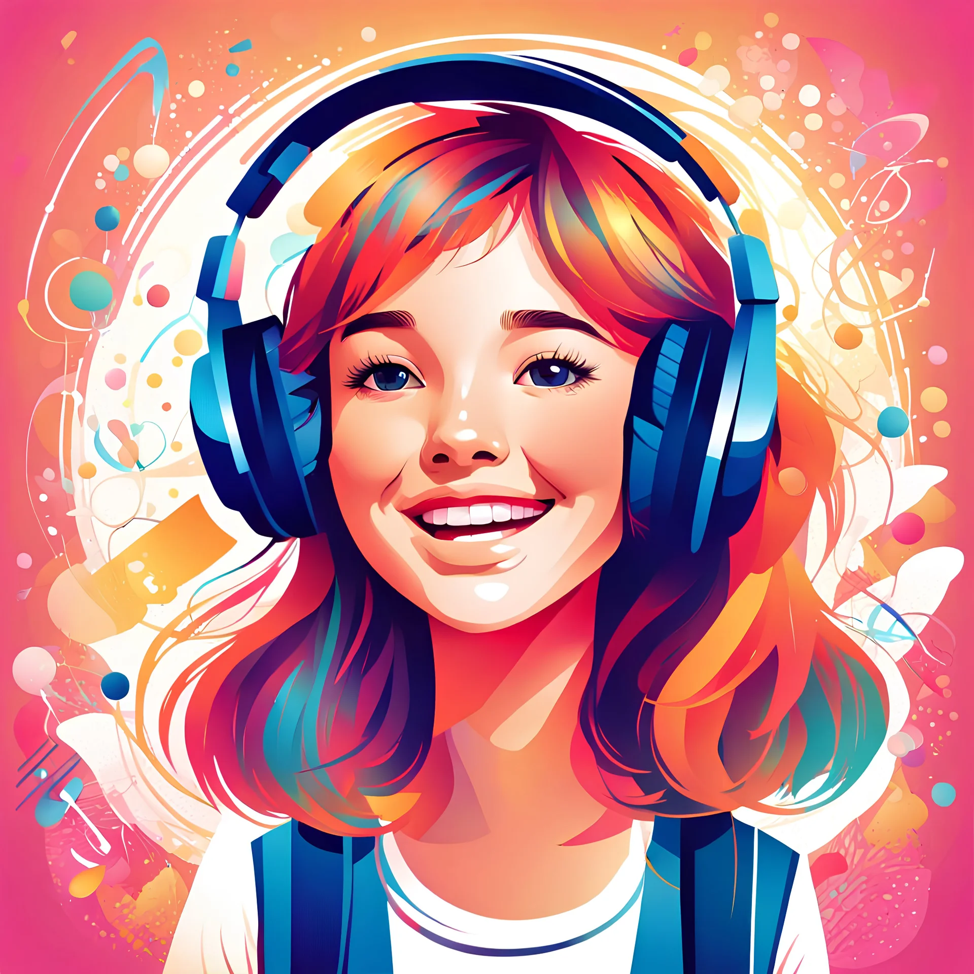 "Generate a charming and youthful vector illustration of a young girl's face with a friendly and joyful expression. She should be wearing headphones, and the background should feature a colorful and inviting study room with elements that exude a sense of youthfulness. Emphasize a warm and delightful atmosphere with soft colors delightful details. Capture the young girl as she enjoys music in this cheerful and inviting study space watching left side