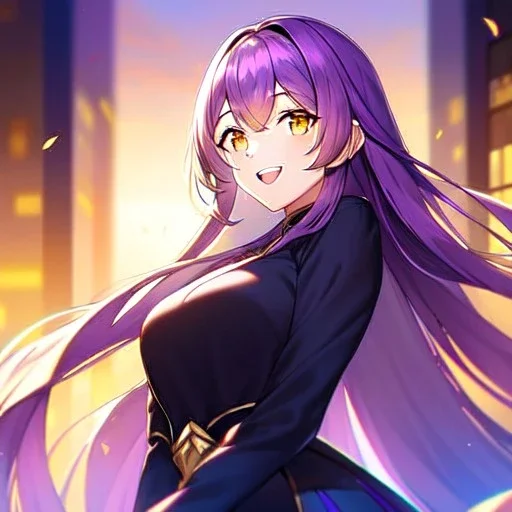 8k, Girl, high quality, detailed, purple long hair, golden eyes, beautiful lighting, vibrant colors, laughing