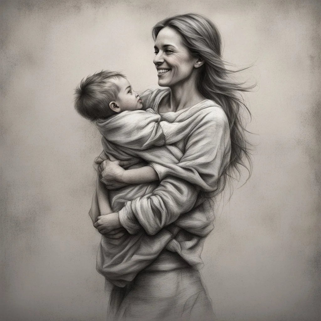 Hyper Realistic framed sketch of a mother carrying her child on a grey texture wall