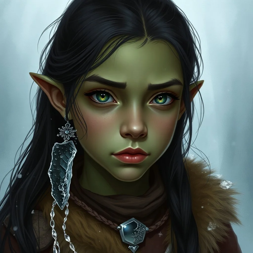 A digital illustration shoot from a portrait camera angle about a portrait of an orc girl with dull green skin, she is an 8 year old orcish child and has long black hair, Fantasy, ice