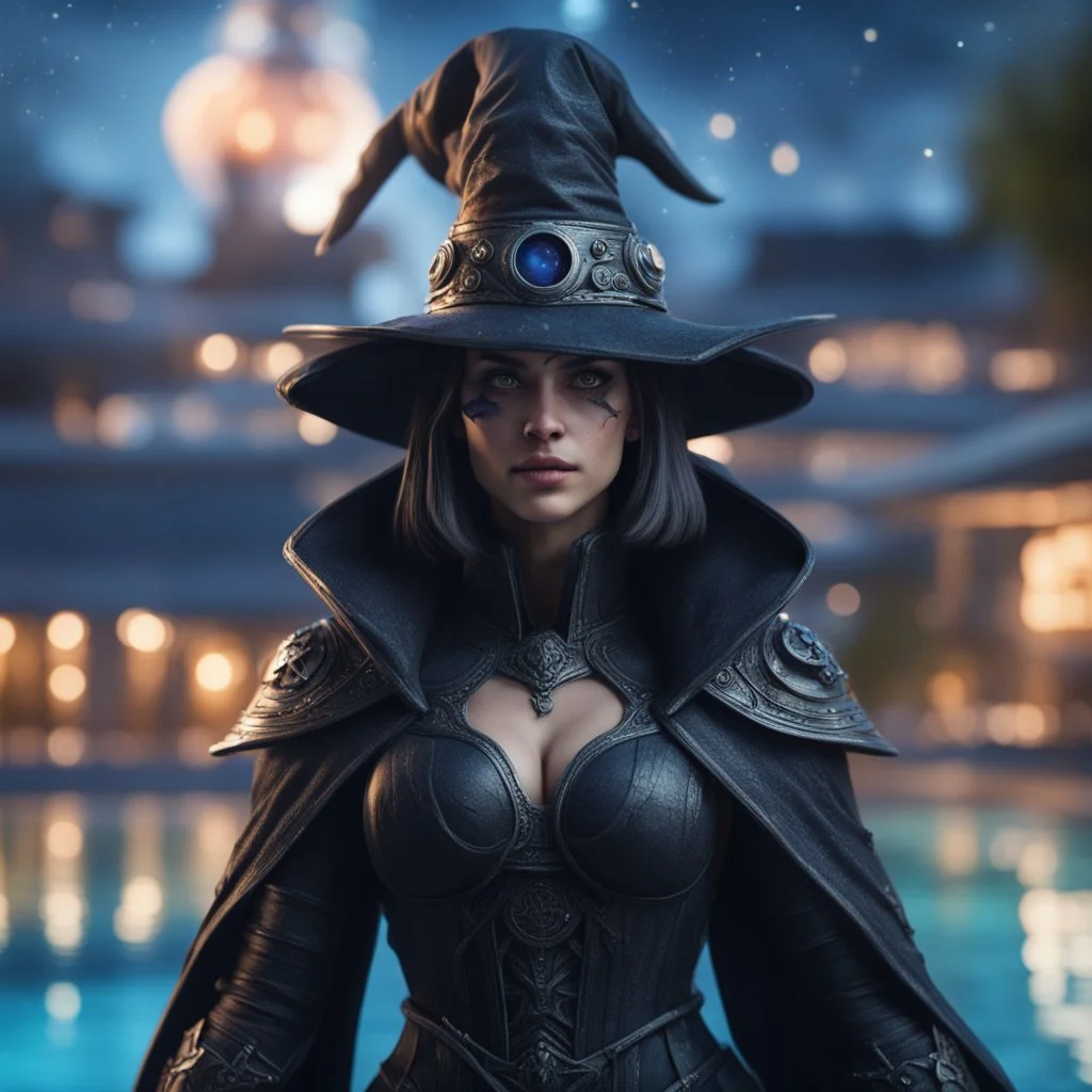 pen outline, layered, portrait of dark space witch hunter with strong gaze, by the pool, pool contains floating star ship of extreme complexity and beauty,bokeh like f/0.8, tilt-shift lens 8k, high detail, smooth render, down-light, unreal engine