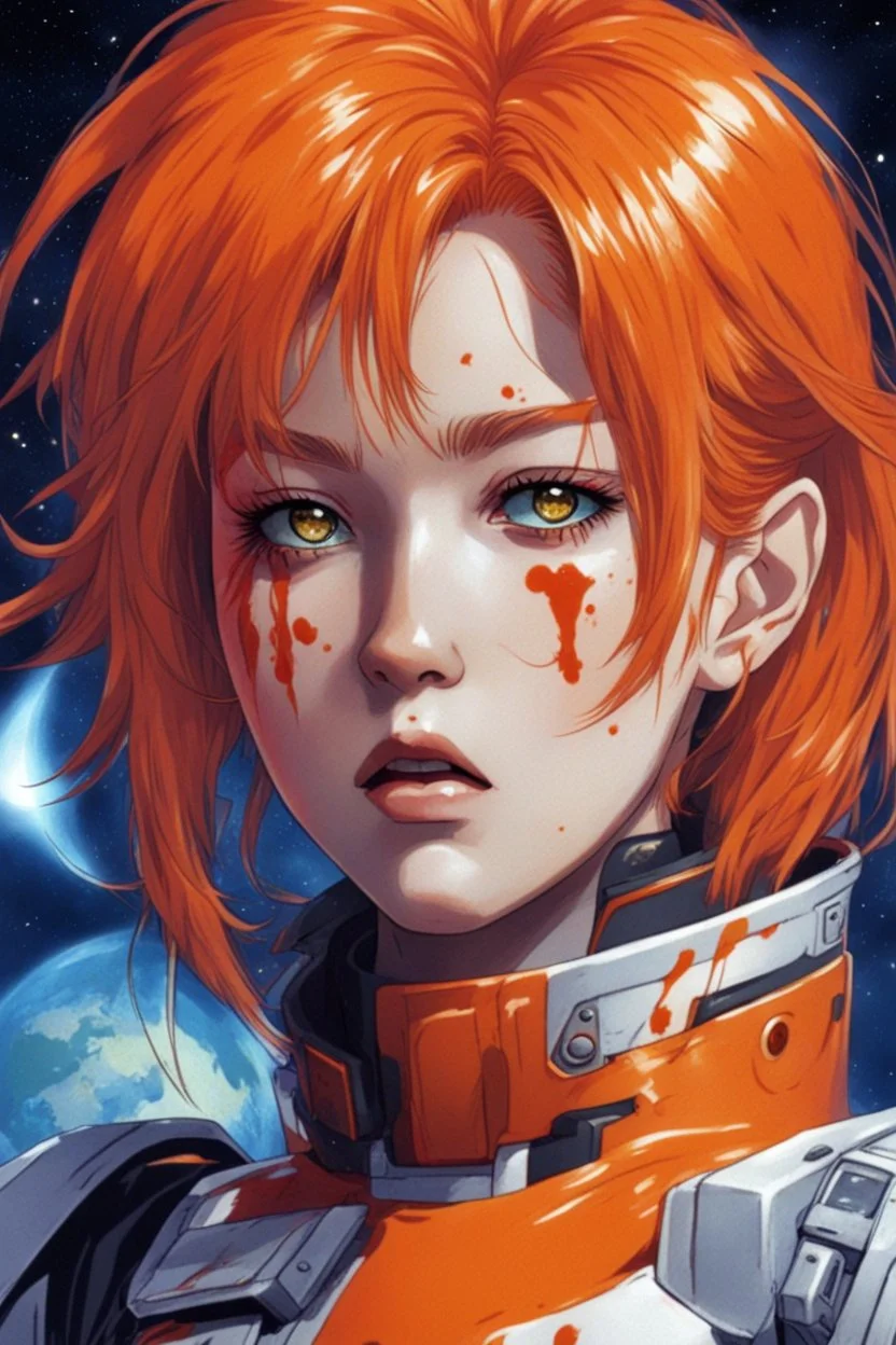 90s anime sci fi orange hair space Captain girl blood on face sacred