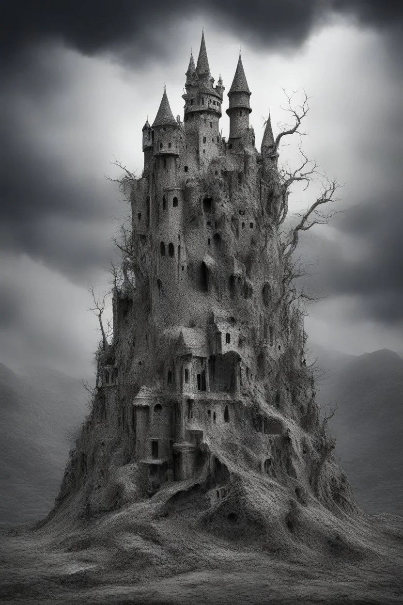 surrealis monochrome A fragmented, surreal sculpture liguid color of photorealistic image 3d,psychedelic art of an castle surrounded by mountainsglossy emerging from dreamlike a crumbling building. The face appears pale with deep cracks and intricate details, evoking a haunting expression. Blackened tree branches intertwine with the gold mengkilat cracks, set against a backdrop of stormy, cloud-filled skies. bauhaus art The overall tone is dark and moody, suggesting themes of decay and transform