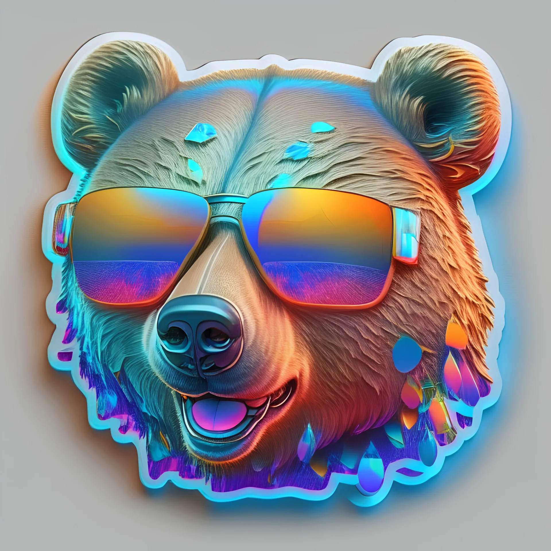 sticker on white background, 3d Head of a Bear with sunglasses, psychedelic, octane render, unreal engine 5, DMT art, funny, smiling