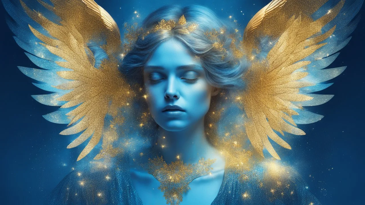 beautiful sad woman angel, double exposure in fantasy style, blue, gold, sparkles, fine rendering, bright colors, photorealism, 3D, with acrylic elements