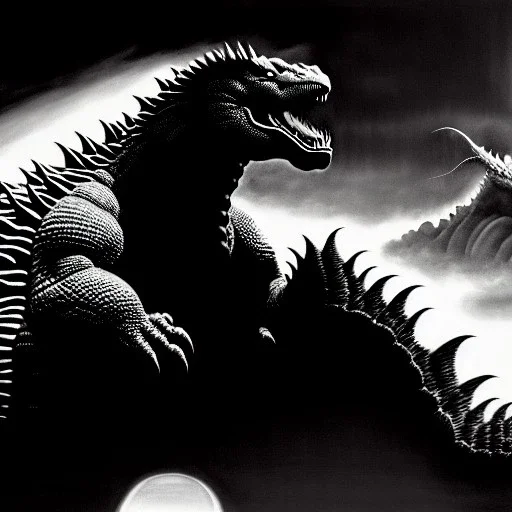 Portrait black and white ink and pencil of 'Godzilla',painting by Arthur Adams,Earl Norem,Caravaggio,simon Bisley,frazetta,Howard,西嘛哒, evan lee, Vallejo,kelly , cinematic composition, extreme detail,fit full body inside picture,8k