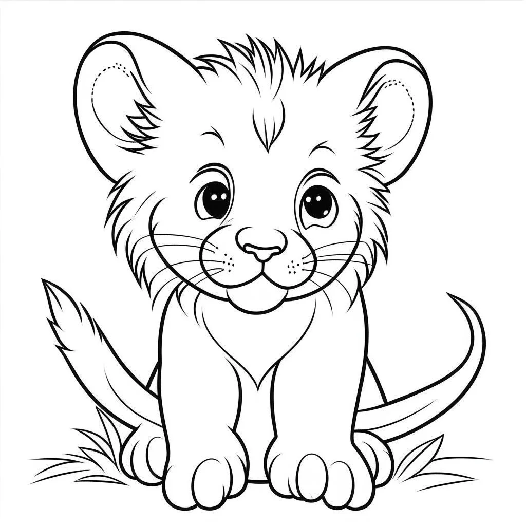 doodle, baby lion, happy, cute animals, full view, realistic, coloring page, only draw lines, coloring book, clean line art, –no sketch, color, –ar 3:4, white background, minimalistic black lines, minimal black color, low level black colors, coloring page, avoid thick black colors, thin black line art, avoid colors, perfect shape, perfect clear lines,