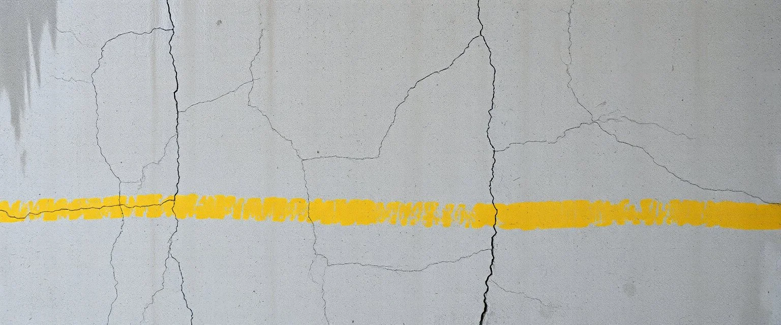 background of with a wall(wet textured concrete, gray, old, cracked, stained) yellow hashmark stripe across wall