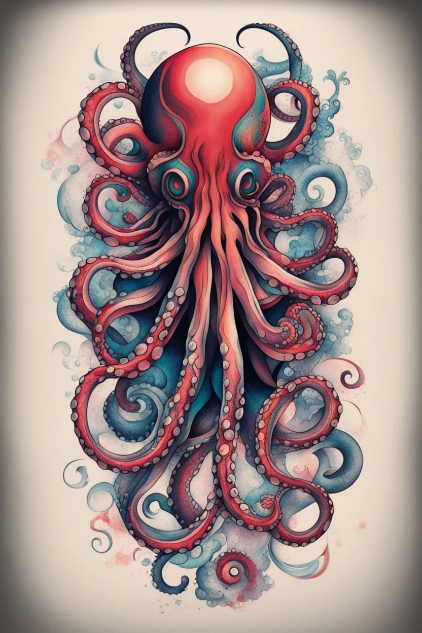 Create a captivating modern 2d colorfull ink tattoo design for print , prestigious (Japanese Octopus) using the elegant influences of japan art style, for print, dynamic elements from fashion and design, and bold Japanese contemporary art aesthetics, framing centered in the center, distanced from the edges of the paper perimeter, perfect anatomy, bauhaus, Divine Proportion,