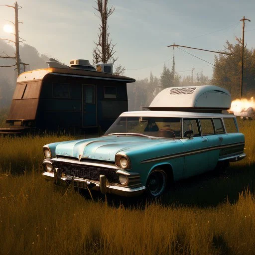 happy cute model sitting on roof of a caravan, wreckfest, spectacular graphics, unreal, road, bridge, fallout 4, mutant cow