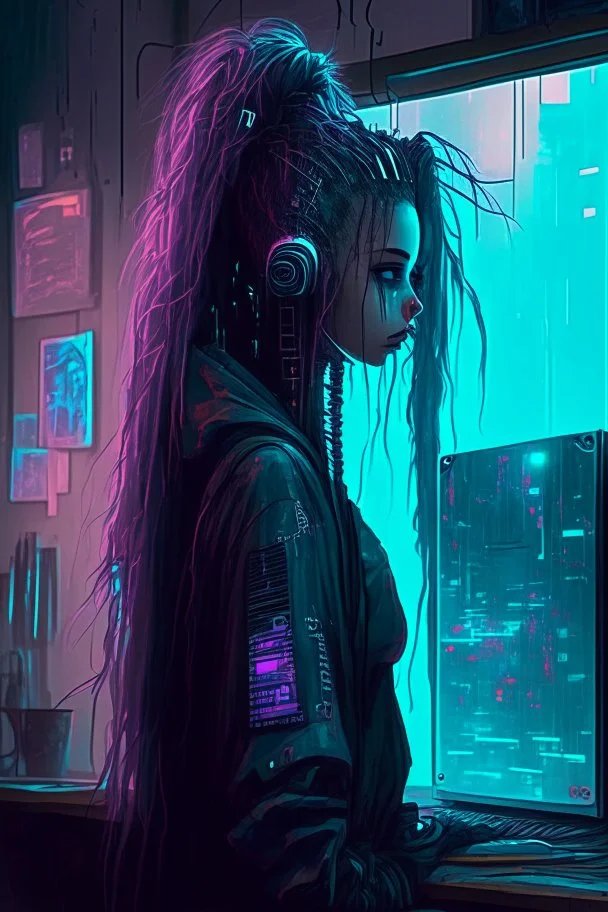 Cyberpunk girl name Orical, in a room with five live video feeds