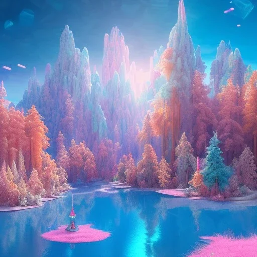 turquoise and pink landscape with multicolored crystals falling from the sky, blue lake, cascades, full of details, smooth, bright sunshine，soft light atmosphere, light effect，vaporwave colorful, concept art, smooth, extremely sharp detail, finely tuned detail, ultra high definition, 8 k, unreal engine 5, ultra sharp focus