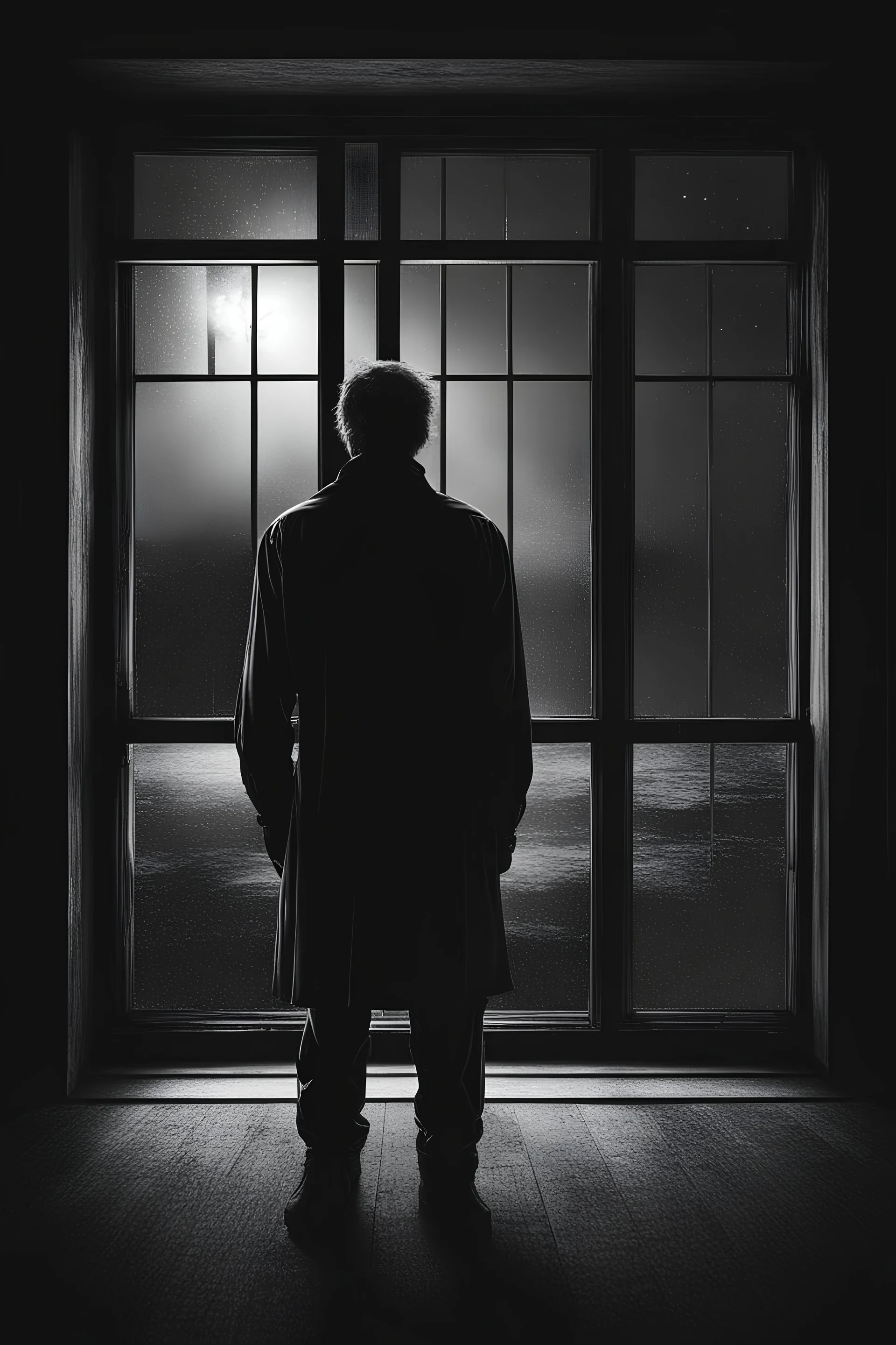 lone man in front of window, black and white, red colour, night, fantasy style