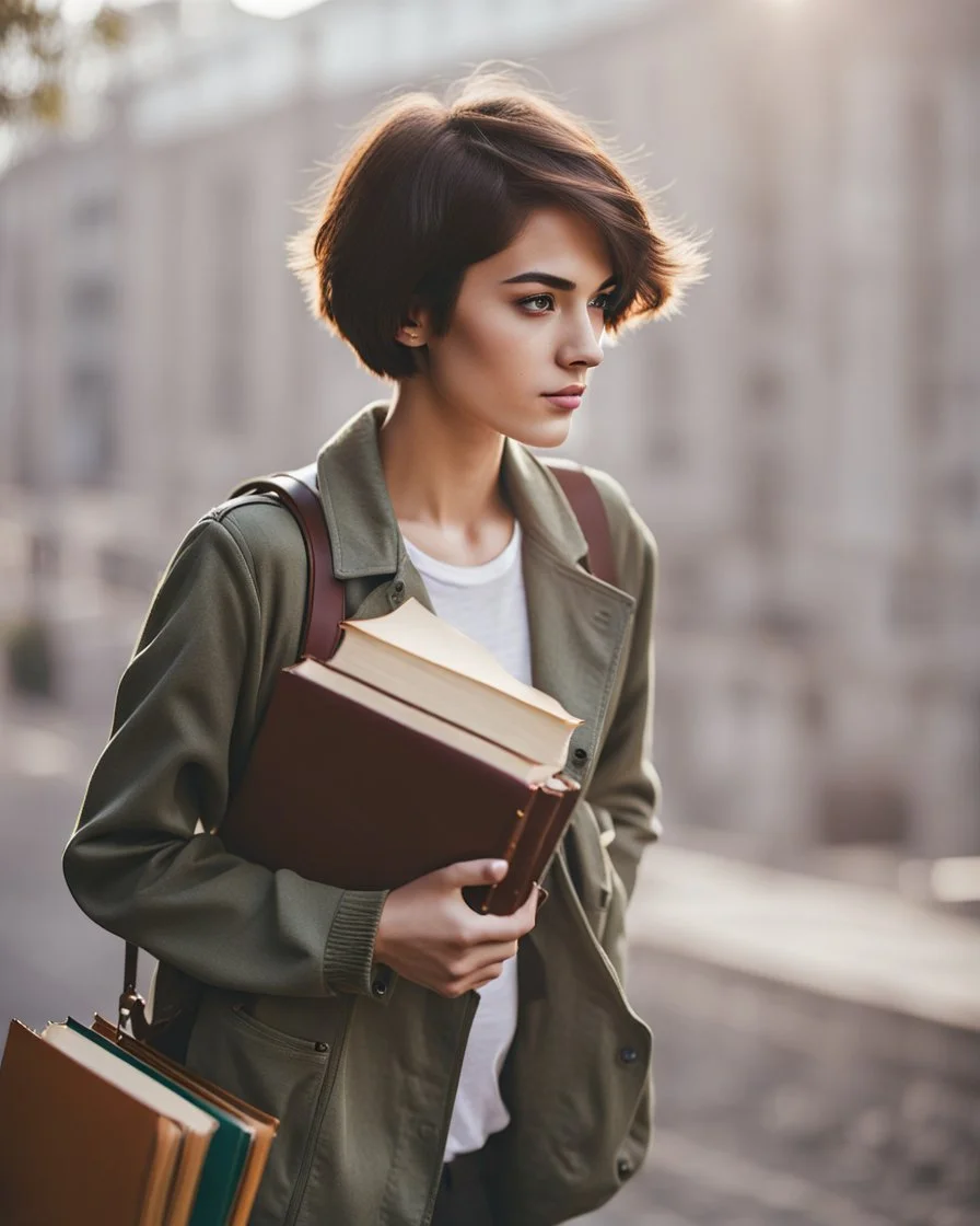 portrait pint of color photo of a student girl 22 years old ,short hair with her books in her hand walking in street,next to trees.close up