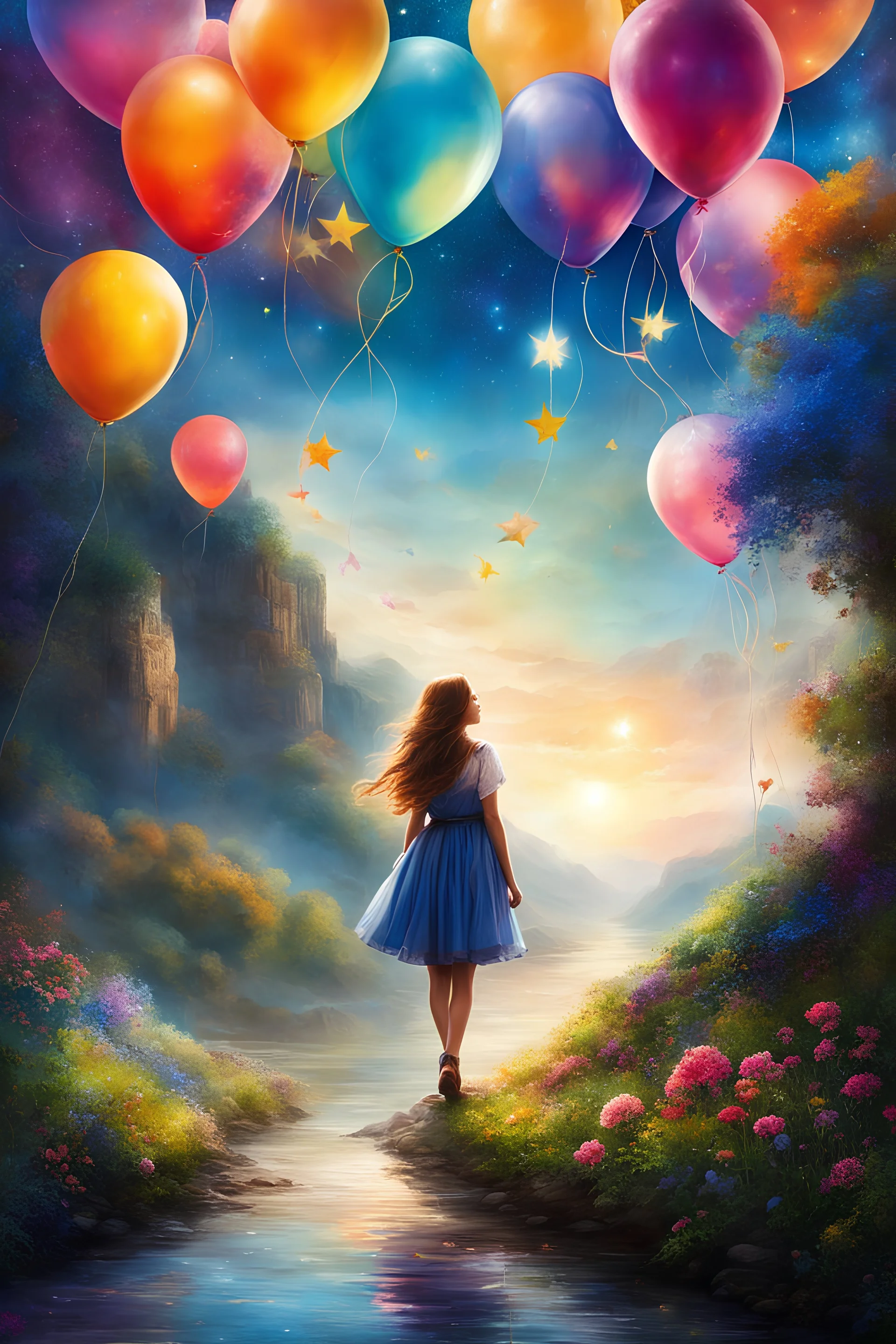 With enchanting eyes, she releases her dreams, Colorful balloons carried by gentle streams. Up to the sky, they soar with hopeful delight, In search of a star, to make her wish take flight. Imagination ignites as she gazes above, A world of possibilities, filled with love. Each balloon a messenger, carrying her desire, To touch the cosmos, to set her wish on fire. In her innocence, she believes in possibility, That a star will grant her wish with kindness and glee. With eyes full of wonder, sh