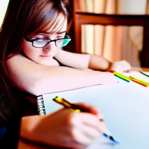 Thirty something mother of five, drawing on a sketchpad, glasses, brown hair, hazel eyes, Beautiful, cute, intricate, highly detailed, 8k, HDR, dynamic lighting, professional quality, post edit