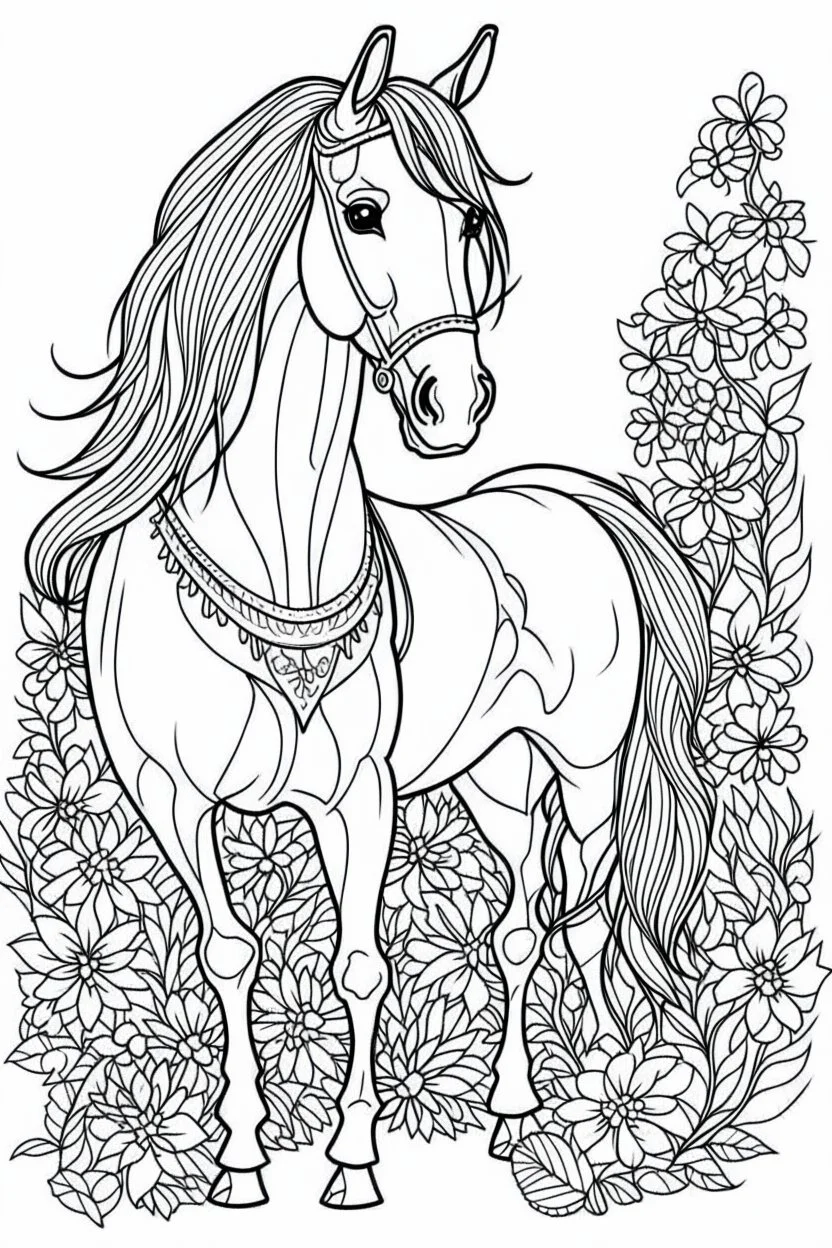 outline art for horse coloring pages with horse and flowers, white background, Sketch style, full body, only use outline, clean line art, white background, no shadows and clear and well outlined