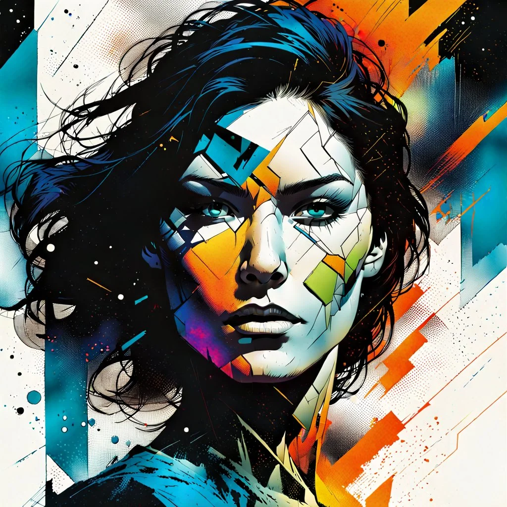 create an abstract portrait illustration of a female face in the process of fragmentation and disintegration with highly detailed and deeply cut facial features, in the comic art style of FRANK MILLER and BILL SIENKIEWICZ, searing lines and forceful strokes, precisely drawn, boldly inked, with gritty textures, vibrant colors, dramatic otherworldly lighting