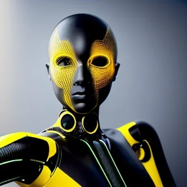 humanoid robot made of steel, beautiful face, short hair!!!, black and yellow, anatomically correct, futuristic, glowing details!, symmetrical, unreal engine, ray tracing, 8 k, uhd, ultrarealistic, clear, sharp, highly detailed