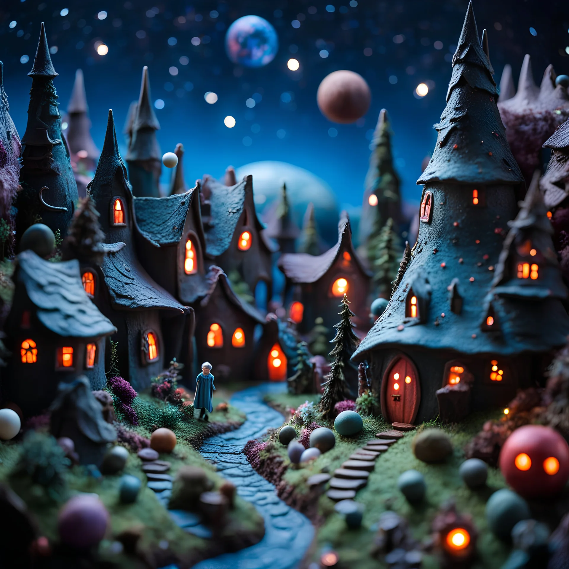 Detailed creepy landscape made of modeling clay, fairy tale, people, village, stars and planets, Roger Dean, naïve, Tim Burton, strong texture, Ernst Haekel, extreme detail, Max Ernst, decal, rich moody colors, sparkles, bokeh, odd, giant boy as a background