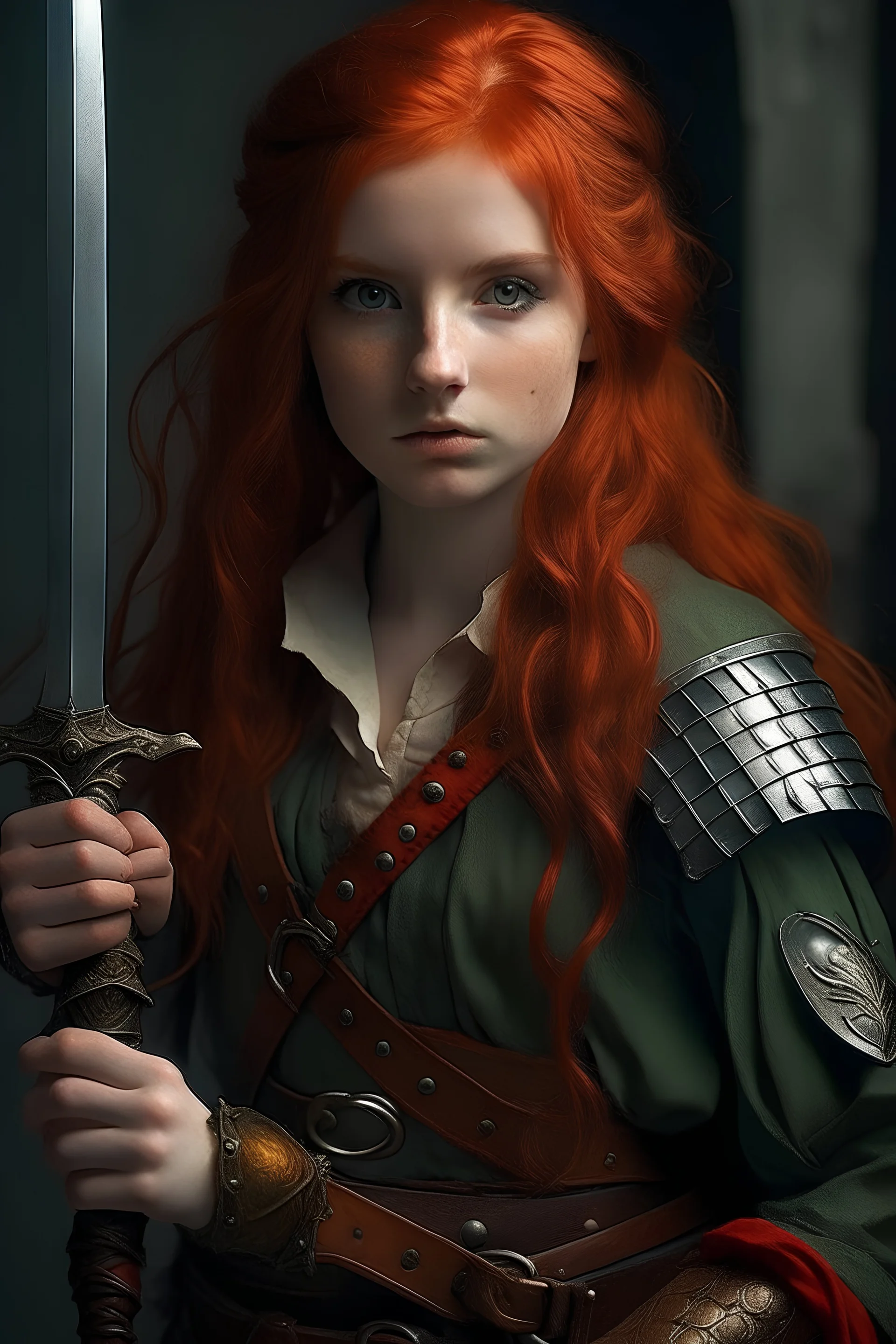 Human, 19yo girl, redhair, medieval, fantasy, jestet suit, belt with dagger