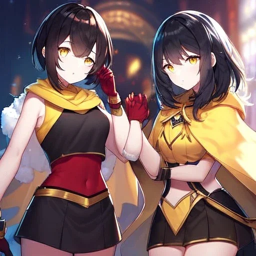 Clear focus,High resolution, Black short fluffy hair, and yellow eyes, wearing a black short skirt, sleeveless crop top, wearing long dark red gloves, yellow cloak, Holding hand out