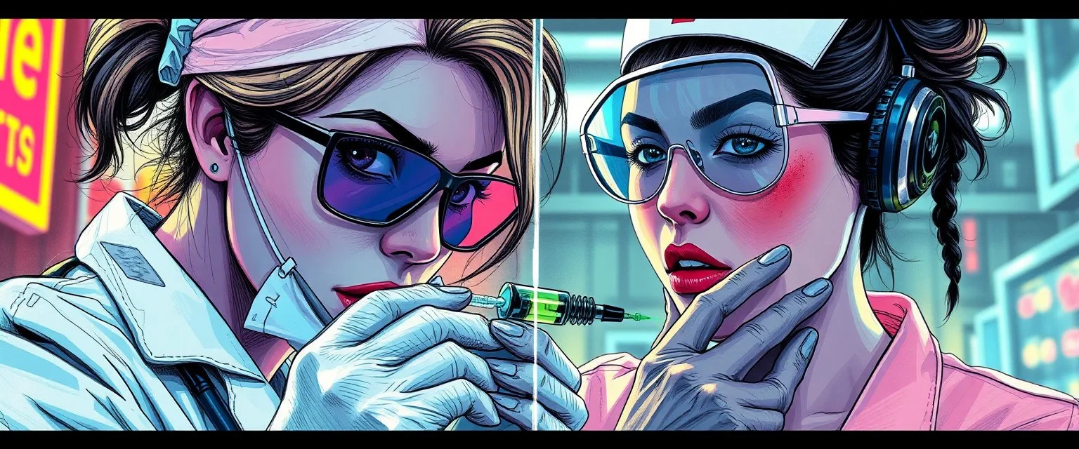 cyberpunk mega city fallout 4, airbrush and pen outline, A cinematic, high-end advertisement image for a fictional service called “Spice Girl Nurse Glam Fashion Party™”. Split-screen composition with two contrasting emotional states. Mad scientist getting injected.