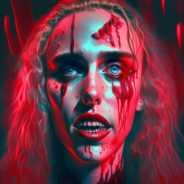 Singer Danish MØ face, blood, futuristic, iridescent, guts, wildflower, cosmic, intricate, darkred tones, smile