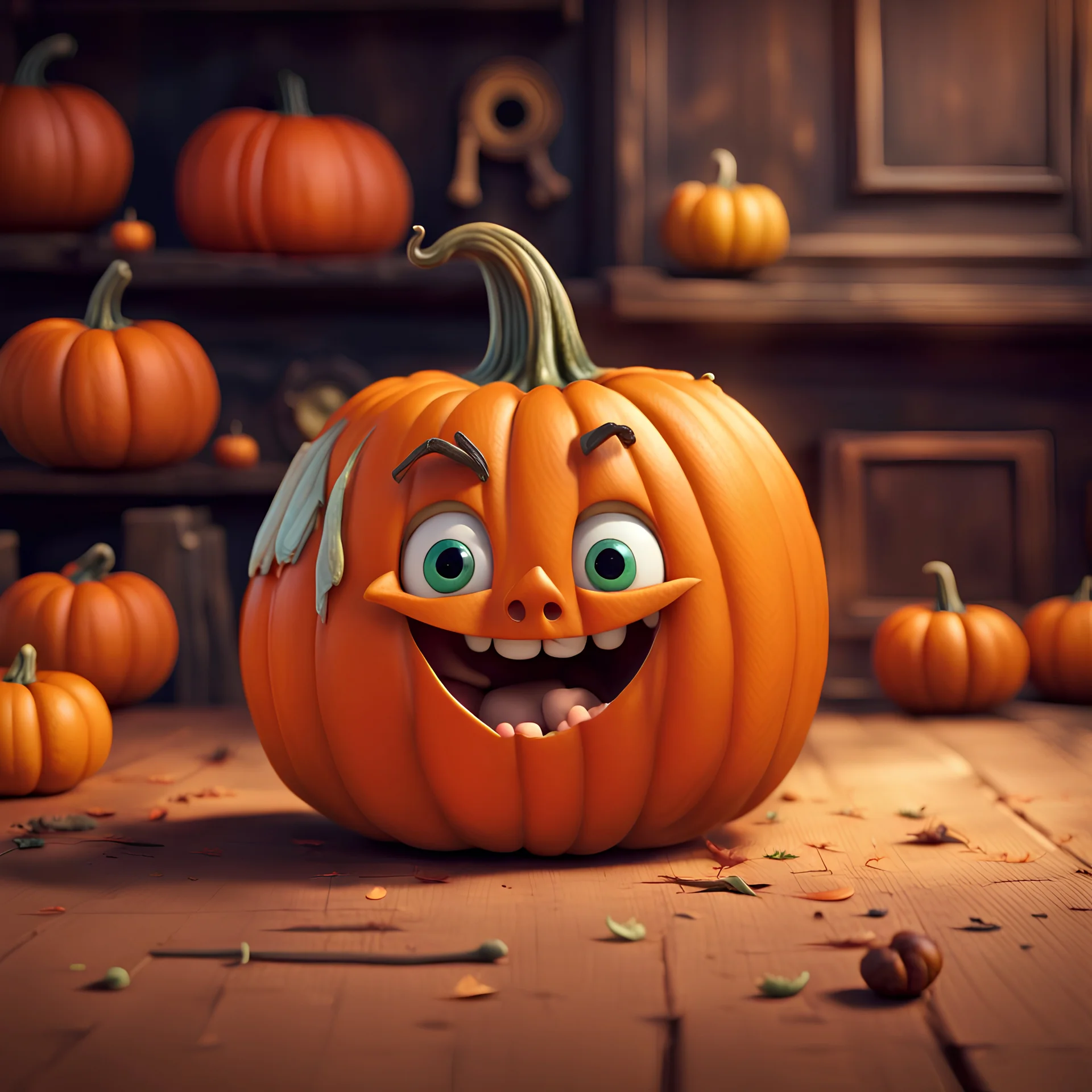 a very little Cute Figure lives in the Pumpkin, with cute face, pixar, disney style