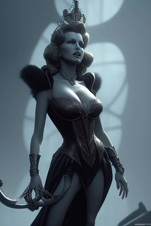 Rita Hayworth as evil queen in black leather, busty, cleavage, curvy, angry, stern look. character design by cory loftis, fenghua zhong, ryohei hase, ismail inceoglu and ruan jia. unreal engine 5, artistic lighting, highly detailed, photorealistic, fantasy