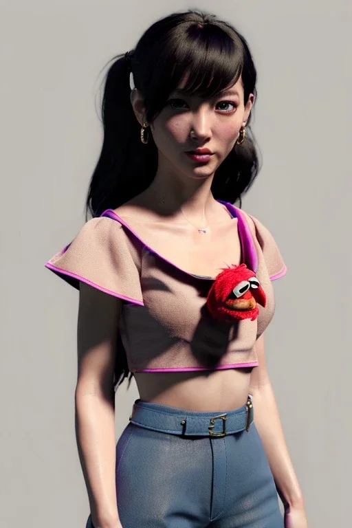 Woman bag made with muppet, Sesame Street style, fashion photo studio, unreal engine 5, god lights, ray tracing, RTX, lumen lighting, ultra detail, volumetric lighting, 3d.