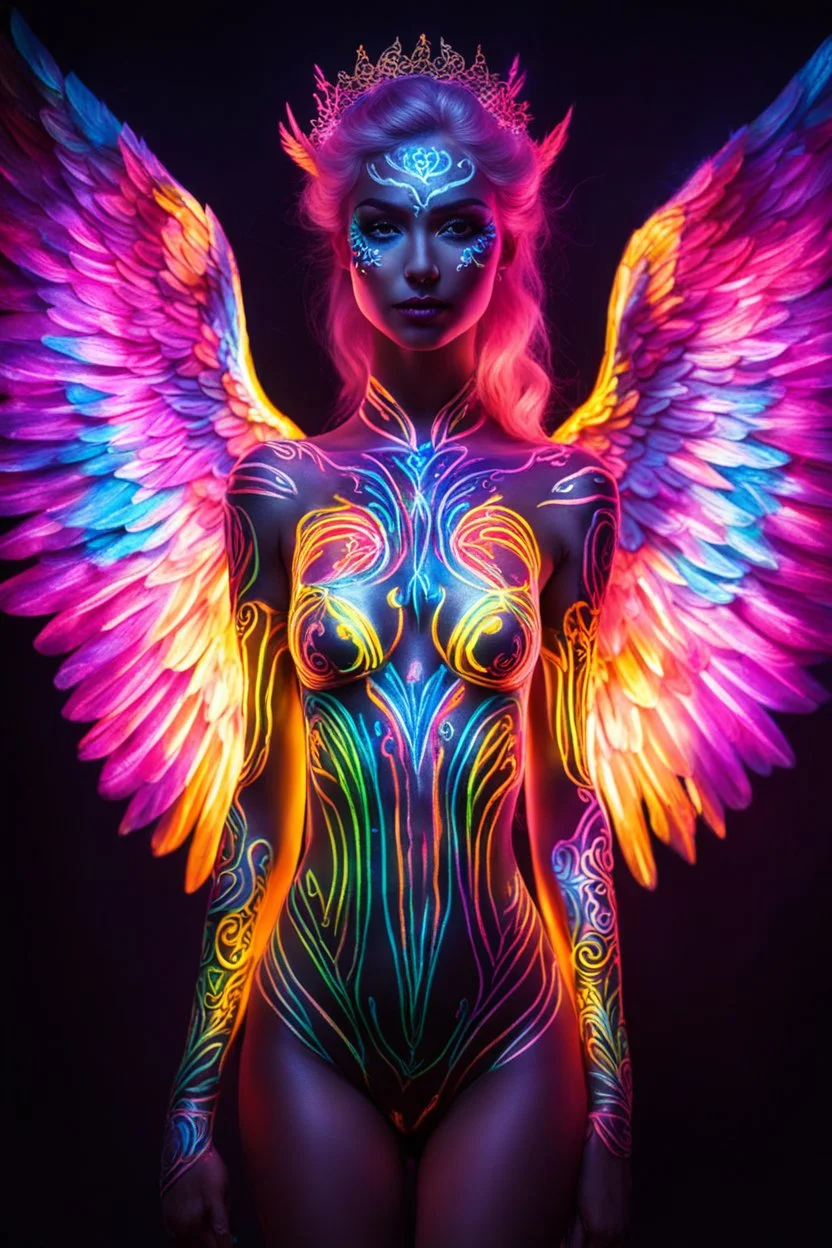 Beautiful Angel with body painting art fullcolour neons glowing bright light in the dark and colorful details