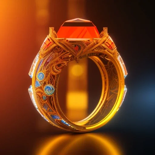 Ring made by wood roots and shreds of glass, orange diamonds sparkles, red rubi fragments around, blue lights reflexes, complex structure, gold details, intricate ring pattern,Unreal Engine 5, lens macro,sharp focus, realistic, hyper detailed, studio lighting, neon light ambient,