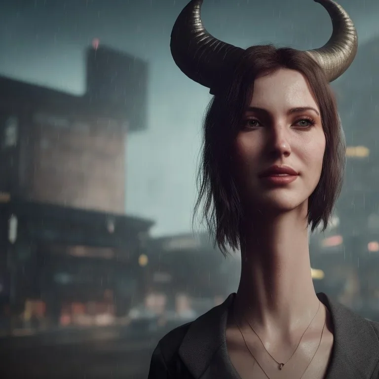 a moody medium-close-up shot of an attractive woman with a gentle smile and ram horns and one face. She's standing on a cyberpunk city sidewalk , high-resolution