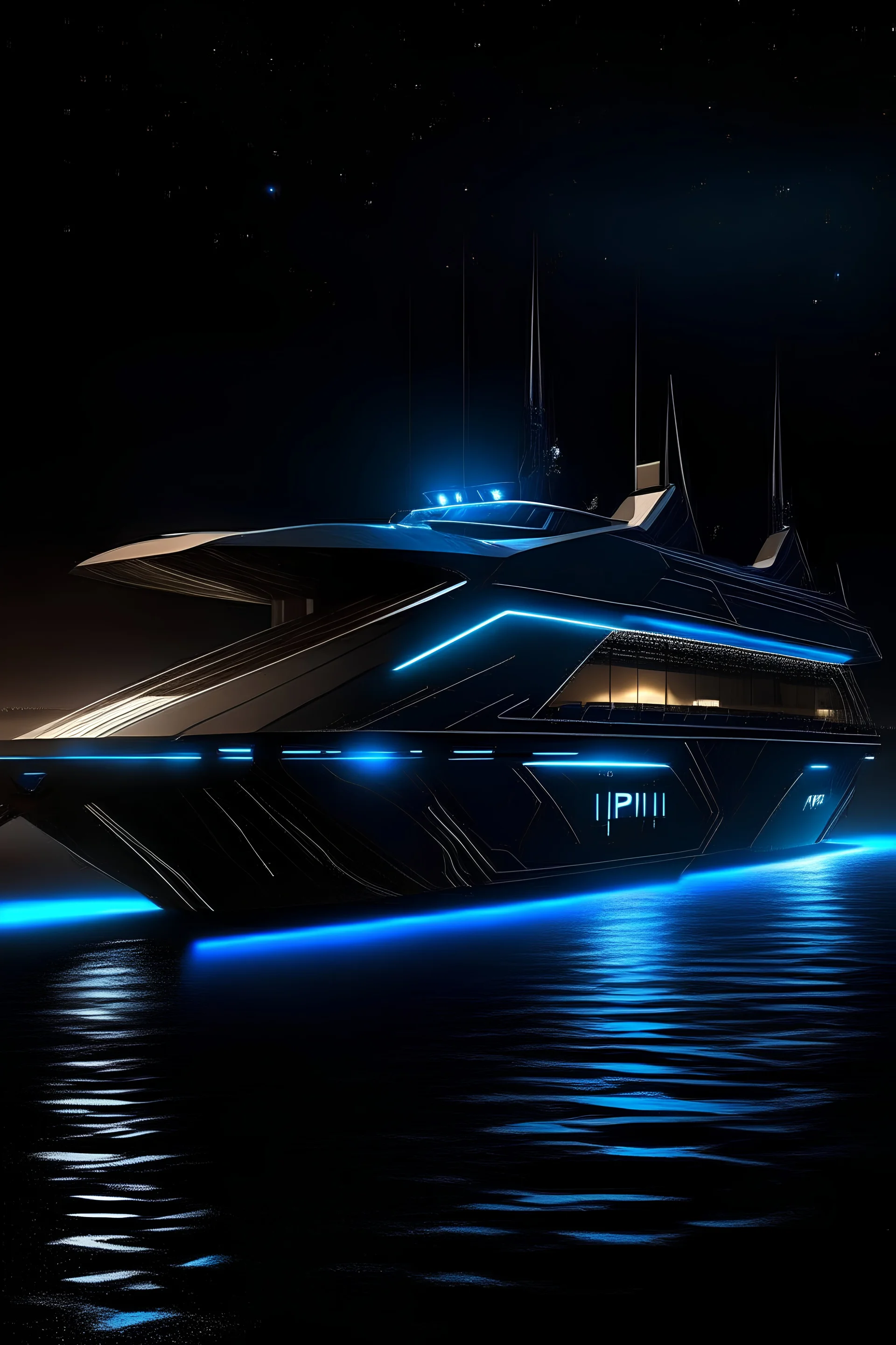 show a futuristic yacht at night with the name TRShipping