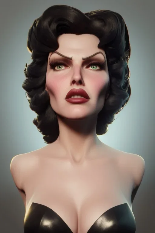 Rita Hayworth as evil queen in black leather, busty, cleavage, curvy, angry, stern look. character design by cory loftis, fenghua zhong, ryohei hase, ismail inceoglu and ruan jia. unreal engine 5, artistic lighting, highly detailed, photorealistic, fantasy