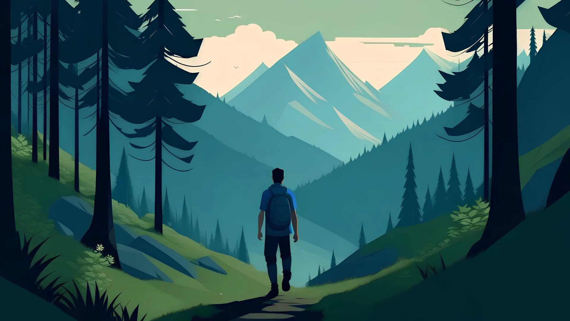 a men wearing half blue pant walking in open forest in between of mountains game graphics