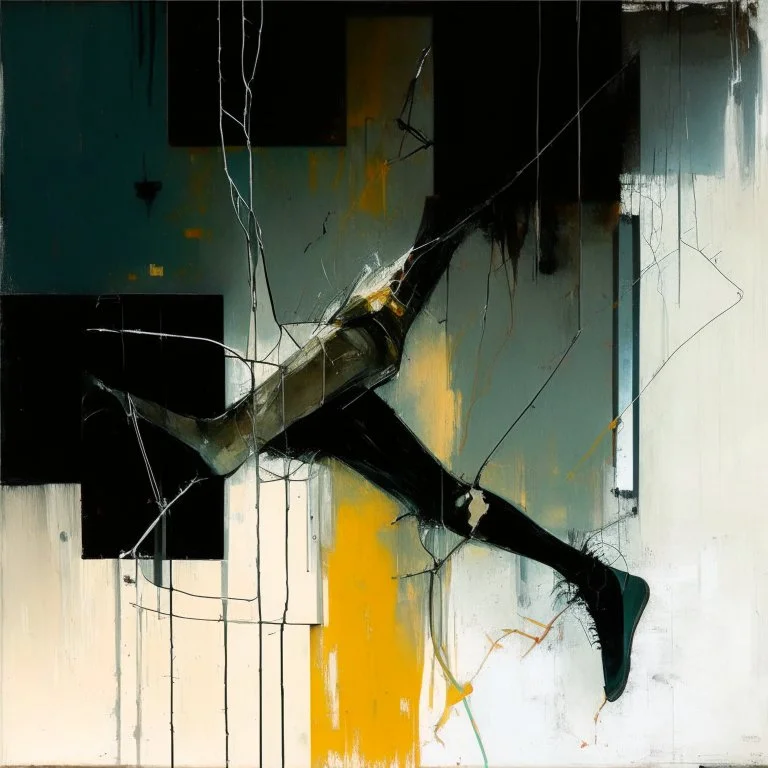 Minimal abstract oil painting of a falling person limbs sinew. Amongst concrete fragments brutalist architecture and hanging wires illuminated at night. In the style of Justin Mortimer and Phil Hale and Ashley Wood