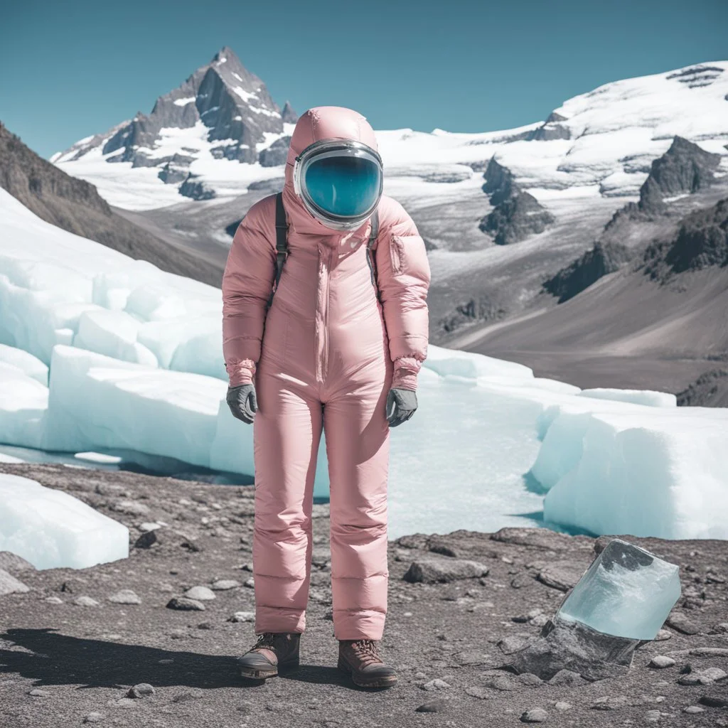 no face with mask,minimal ,Fashion film in the icefields of Patagonia, a stunning supermodel in an incomplete Astronaut pink bronze suit discover the icefields and giant iceblocks and icebergs using stunning poses we can see her face through the glass . Supreme landscape, inticate background and a minimalist composition that creates a great megalophobia effect. Old lens, old Kodak vision filmstock, 1600 iso.