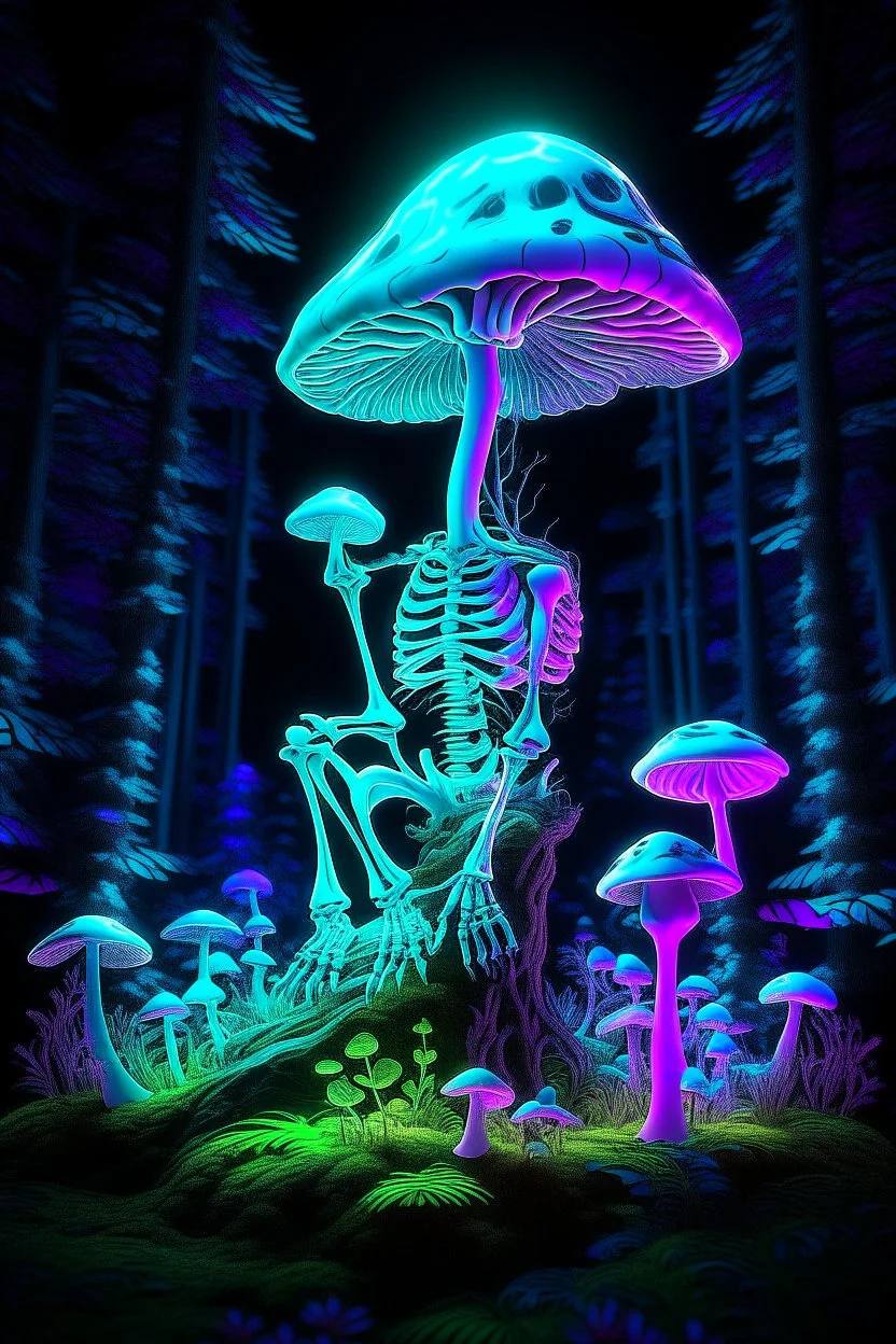 neon glowing turkey skeleton in magical mushroom forest