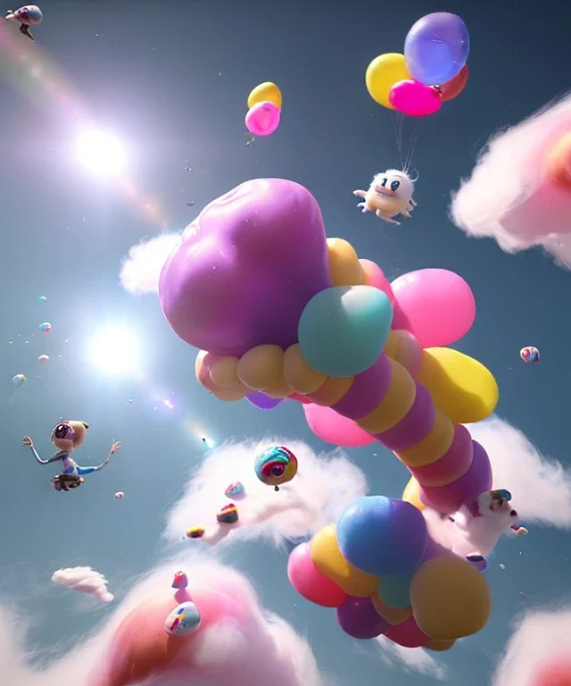 Ultra realistic speed clouds sky scene, wide angle view, sweet childs falling down, inflatable color clothing, free jumping flying, many trinkets, hair monster, many jelly beans, balls, color smoke, smile, happy, circus style, extreme, wind, clouds sea, 20,000 feet altitude, stratosphere, soft color, highly detailed, unreal engine 5, ray tracing, RTX, lumen lighting, ultra detail, volumetric lighting, 3d, finely drawn, high definition, high resolution.